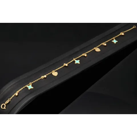 Trendiges Goldarmband mit glänzenden, eingearbeiteten Anhängern und Goldperlen (585er 14k), ca. 19cm lang