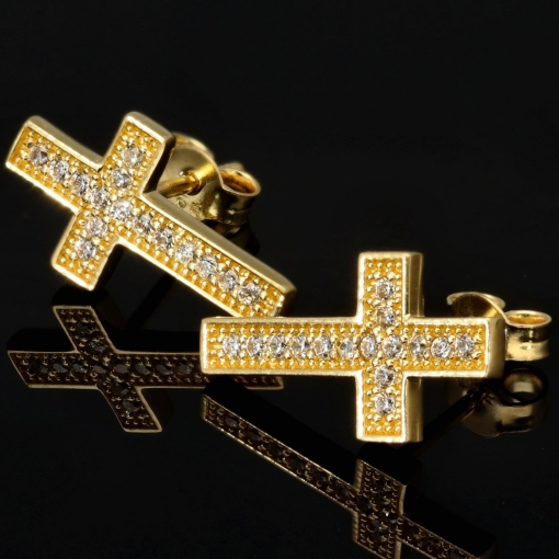 Exquisite Kreuz-Ohrstecker aus 585er (14K) Gold mit funkelnden Zirkonia