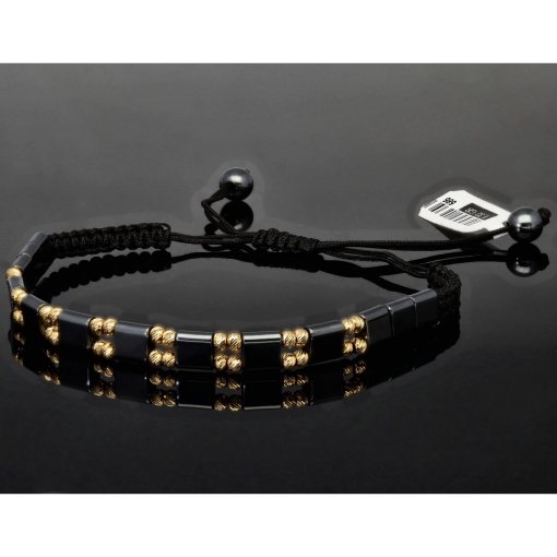 Trendiges, längenverstellbares Kugel Zug-Armband mit 32 Perlen aus hochwertigem Gold in 585 / 14K und glänzenden, grauschwarzen Beads