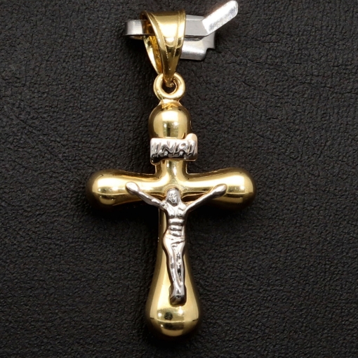 Filigran gearbeiteter Kreuz Anhänger - Jesus Christus aus funkelndem Gold 14k (585) Gelbgold und Weißgold - glänzend poliert