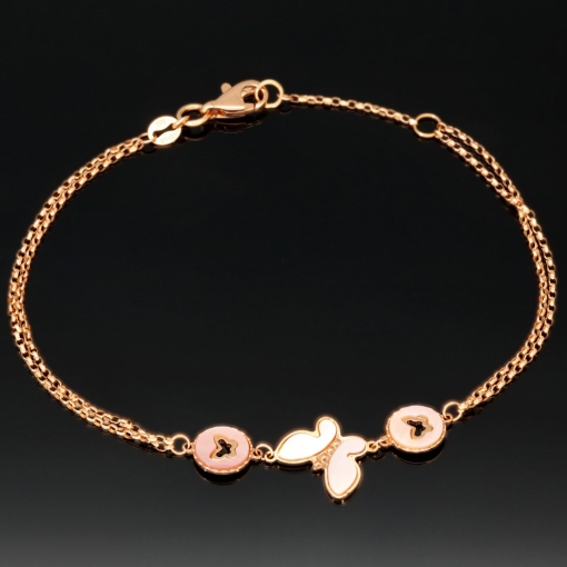 Funkelndes zweireihiges Ankerarmband aus hochwertigem 585 14K Gold (Roségold) in edlem Schmetterlings-Design - ca. 16-18 cm längenverstellbar