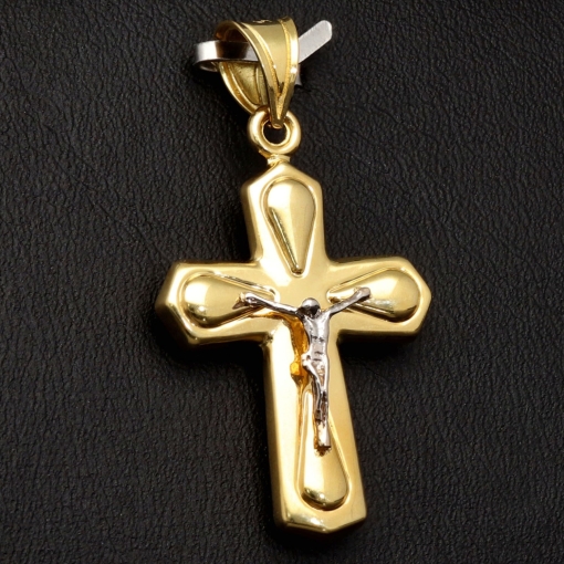 Funkelnder Jesus-Kreuz Goldanhänger aus edlem 14k 585 Bicolor Gold (Gelbgold und Weißgold)
