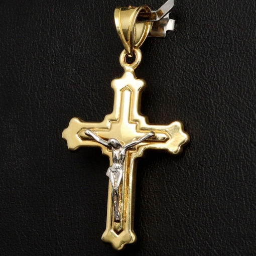 Hochwertig produzierter Jesus-Kreuz-Anhänger aus funkelndem 14k 585 Bicolor Gold (Gelbgold und Weißgold)