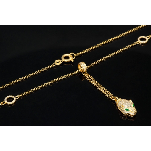 Anmutige Goldkette / Collier mit Pantherkopf-Anhänger aus funkelndem Gold (14K 585 Gelbgold) mit Zirkoniabesatz ca. 45cm