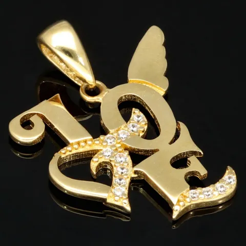Stilvoller Anhänger mit kreativem "Love" Schriftzug aus edlem 14K 585 Gold (Gelbgold) mit Zirkoniabesatz
