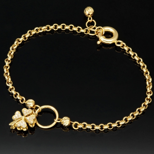 Funkelndes Ankerarmband aus hochwertigem 585 14K Gold (Gelbgold) mit fein gearbeitetem Kleeblatt-Charm mit Zirkoniabesatz - ca. 18,5-19,5 cm verstellbar, ca. 3mm