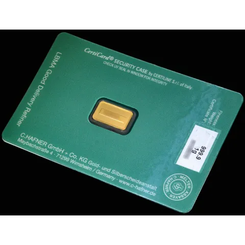 Geschenkkarte - 1 Gramm Goldbarren (999 Gold) - Feingold-Barren - 1g geprägt LBMA zertifiziert -