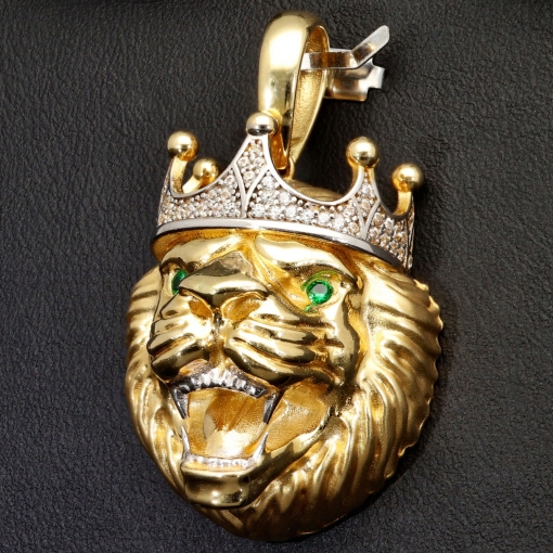 Exklusiver Löwenkopf-Anhänger aus hochwertigem Bicolor 14k 585 Gold (Gelbgold und Weißgold) mit funkelnden Zirkoniasteinen besetzt – (ca. 10,6 g)