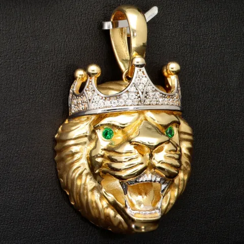 Exklusiver Löwenkopf-Anhänger aus hochwertigem Bicolor 14k 585 Gold (Gelbgold und Weißgold) mit funkelnden Zirkoniasteinen besetzt – (ca. 10,6 g)