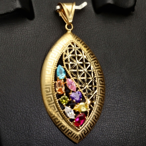Edler Gold-Anhänger mit Greco Design in 14K 585 Gold (Gelbgold), verziert mit strahlend, bunten Zirkoniasteinen
