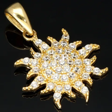 Funkelnder Anhänger aus 585 / 14 Karat Gold mit dem Motiv der Sonne, besetzt mit feinen Zirkonia