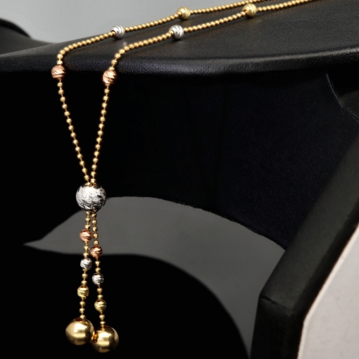 Exklusive Lariat-Kugelkette / Y-Goldkette bestückt mit mehreren Goldkügelchen aus Tricolor 14K 585 Gold (Gelbgold, Weißgold und Roségold) für Damen in ca 45 cm Länge