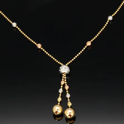Exklusive Lariat-Kugelkette / Y-Goldkette bestückt mit mehreren Goldkügelchen aus Tricolor 14K 585 Gold (Gelbgold, Weißgold und Roségold) für Damen in ca 45 cm Länge