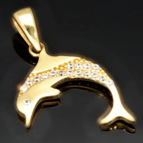 Glänzender Delfin - Anhänger mit Zirkoniabesatz aus hochwertigem Gold 585 / 14 Karat Gelbgold