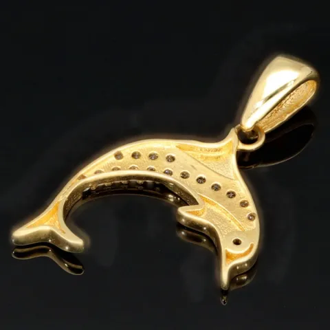 Glänzender Delfin - Anhänger mit Zirkoniabesatz aus hochwertigem Gold 585 / 14 Karat Gelbgold