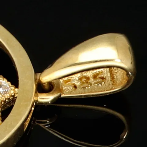 Edler Goldanhänger in modernem, abstrakten Design aus 14K 585 Gold (Gelbgold), besetzt mit edlen leuchtend, weißen Zirkonia