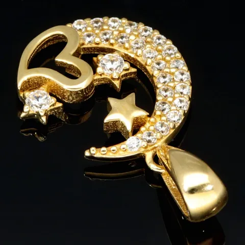 Hochwertig gearbeiteter Anhänger aus 14K / 585 Gold im Halbmond-Design mit Herz, Sternen und leuchtenden Zirkonia