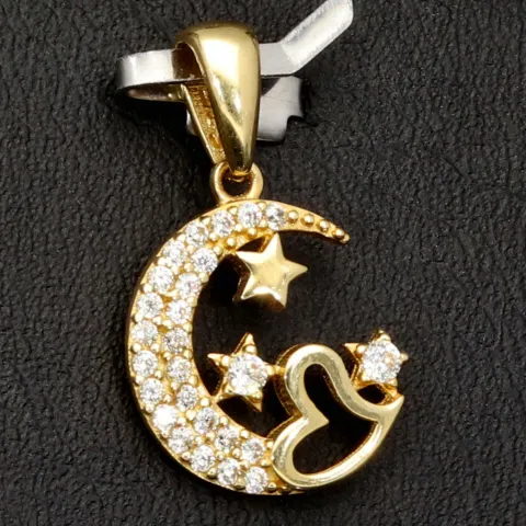 Hochwertig gearbeiteter Anhänger aus 14K / 585 Gold im Halbmond-Design mit Herz, Sternen und leuchtenden Zirkonia