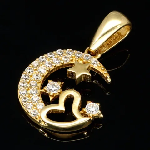 Hochwertig gearbeiteter Anhänger aus 14K / 585 Gold im Halbmond-Design mit Herz, Sternen und leuchtenden Zirkonia