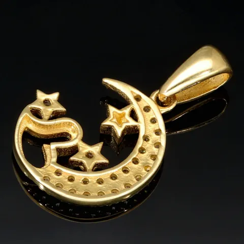 Hochwertig gearbeiteter Anhänger aus 14K / 585 Gold im Halbmond-Design mit Herz, Sternen und leuchtenden Zirkonia
