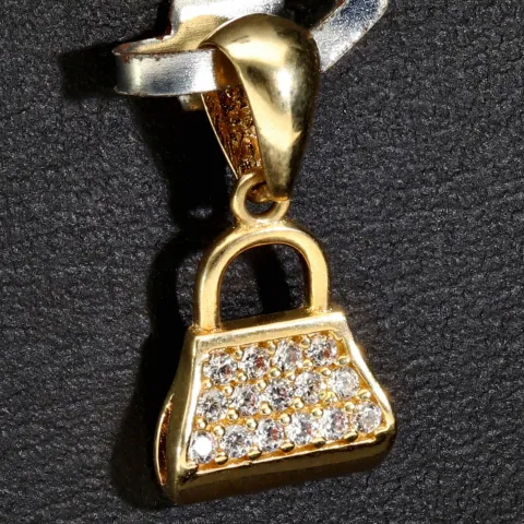 Iced Out Anhänger aus 14K 585 Gold - Designer- Handtasche aus edlem, glänzenden Gelbgold mit vielen funkelnden Zirkonia besetzt
