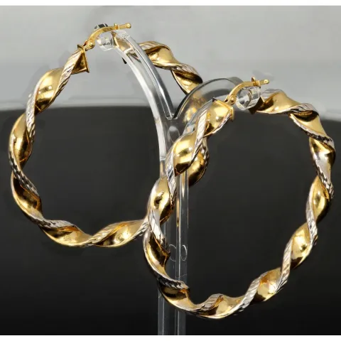 XL Bicolor Gold-Creolen aus exquisitem 14K 585 Gelbgold und Weißgold, glänzend poliert und teils dekorativ gemustert