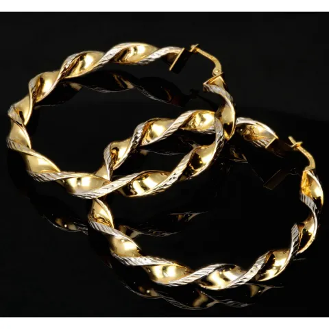 XL Bicolor Gold-Creolen aus exquisitem 14K 585 Gelbgold und Weißgold, glänzend poliert und teils dekorativ gemustert