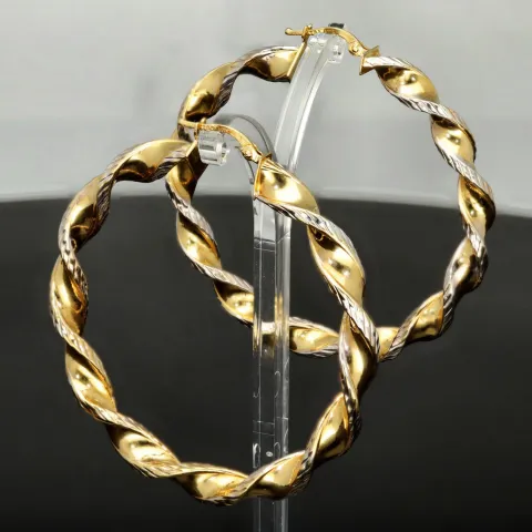 XL Bicolor Gold-Creolen aus exquisitem 14K 585 Gelbgold und Weißgold, glänzend poliert und teils dekorativ gemustert