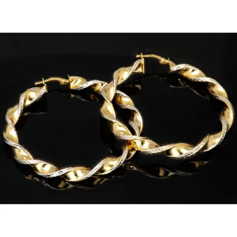 XL Bicolor Gold-Creolen aus exquisitem 14K 585 Gelbgold und Weißgold, glänzend poliert und teils dekorativ gemustert
