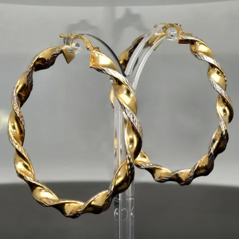 XL Bicolor Gold-Creolen aus exquisitem 14K 585 Gelbgold und Weißgold, glänzend poliert und teils dekorativ gemustert