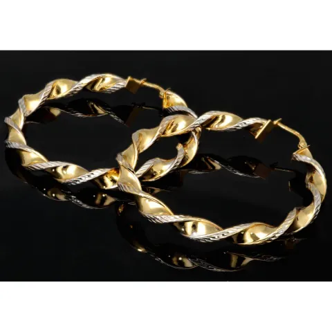 XL Bicolor Gold-Creolen aus exquisitem 14K 585 Gelbgold und Weißgold, glänzend poliert und teils dekorativ gemustert