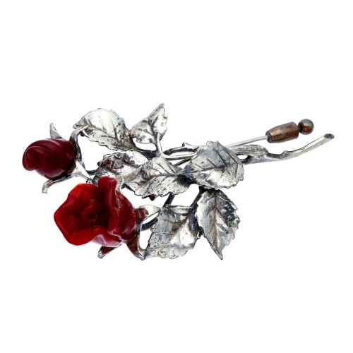 elegante, rote Ansteckrose - Reversnadel aus 925er Sterling-Silber und Rosenblüten aus Original italienischem Murano-Glas