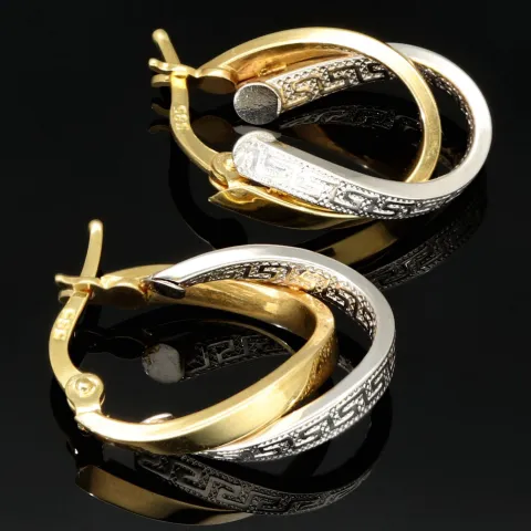 Stilvoll geschwungene Doppel-Creolen aus hochwertigem Bicolor 585 / 14K Gold (Gelbgold und Weißgold) mit feinem Greco-Design