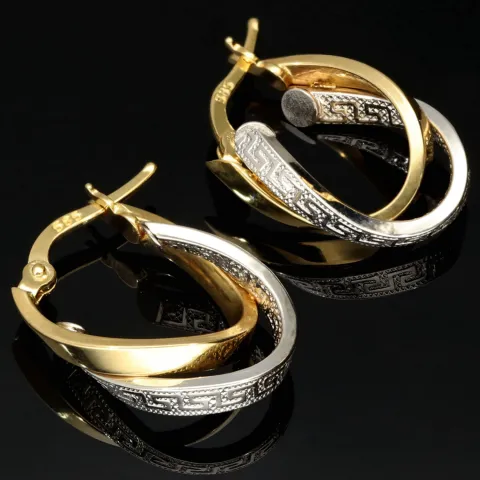 Stilvoll geschwungene Doppel-Creolen aus hochwertigem Bicolor 585 / 14K Gold (Gelbgold und Weißgold) mit feinem Greco-Design