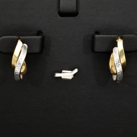 Stilvoll geschwungene Doppel-Creolen aus hochwertigem Bicolor 585 / 14K Gold (Gelbgold und Weißgold) mit feinem Greco-Design