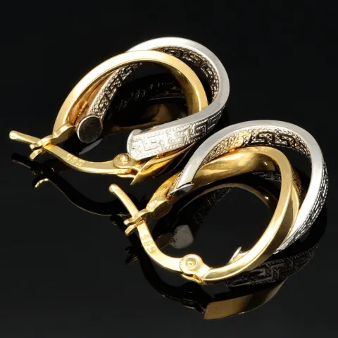 Stilvoll geschwungene Doppel-Creolen aus hochwertigem Bicolor 585 / 14K Gold (Gelbgold und Weißgold) mit feinem Greco-Design