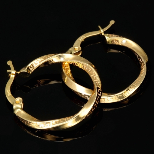 Glänzende Spiral-Ohrringe / Twist-Creolen mit feinem Greco-Muster aus exquisitem 585 / 14K Gold