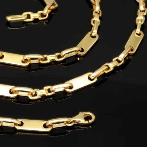 Stilvoller Mix aus Plättchenkette (Plattenkette) und Steigbügelkette aus massivem 585er 14k Gold - 60 cm Länge, ca. 4 mm breit