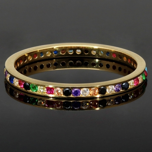 Rainbow Memory Ring aus edlem 14K (585) Gold besetzt mit funkelnden, farbenfrohen Zirkoniasteinen in Ringgröße ca. 50