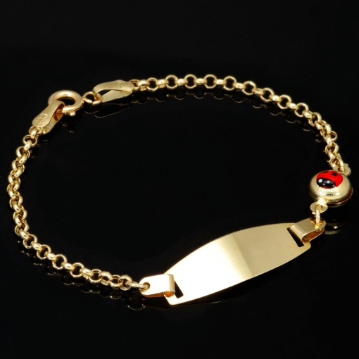 Baby-Armband mit Gravurplättchen und Marienkäfer-Element aus hochwertigem 14k (585) Gold in ca. 14 cm Länge