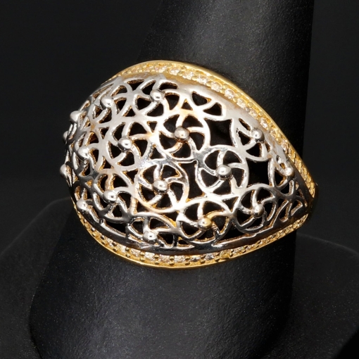 Filigranring Ornament-Ring für Damen aus edlem 585er 14K Bicolor Gold (Gelbgold und Weißgold) in Ringgröße ca. 59 - mit feinem Zirkoniabesatz