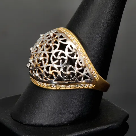 Filigranring Ornament-Ring für Damen aus edlem 585er 14K Bicolor Gold (Gelbgold und Weißgold) in Ringgröße ca. 59 - mit feinem Zirkoniabesatz