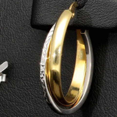 Oval geschwungene Doppel - Creolen aus edlem 14K 585 Bicolor Gold (Gelbgold und Weißgold)