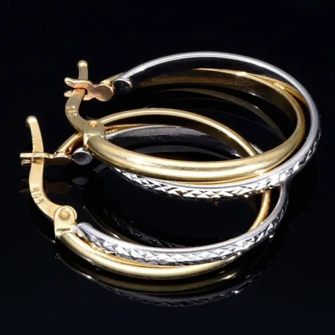Oval geschwungene Doppel - Creolen aus edlem 14K 585 Bicolor Gold (Gelbgold und Weißgold)