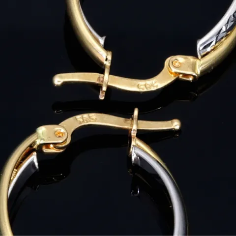 Oval geschwungene Doppel - Creolen aus edlem 14K 585 Bicolor Gold (Gelbgold und Weißgold)