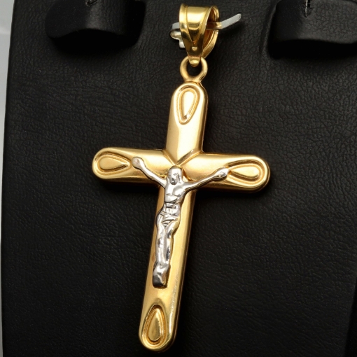 Glänzendes Jesus Kreuz - Filigran gearbeiteter Anhänger aus edlem Bicolor Gold (14k / 585 Gelbgold und Weißgold)