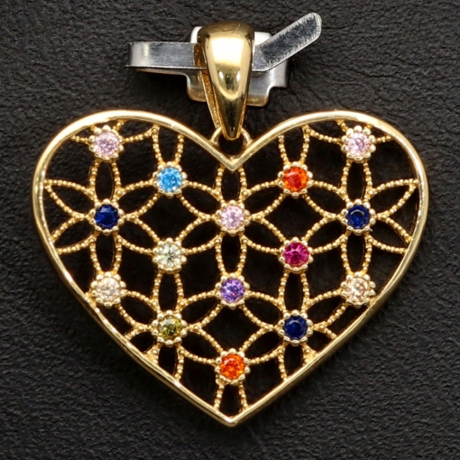 Herz-Anhänger aus Gold (14K 585 Gelbgold) in feinem Design mit leuchtenden, farbenfrohen Zirkoniabesatz