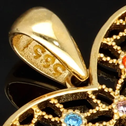 Herz-Anhänger aus Gold (14K 585 Gelbgold) in feinem Design mit leuchtenden, farbenfrohen Zirkoniabesatz