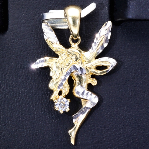 Fantasievoll designter Fee- / Engel- Anhänger aus glänzendem, hochwertigem 14k / 585 Gold (Bicolor - Weißgold und Gelbgold) besetzt mit einem Zirkonia