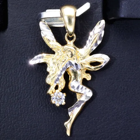 Fantasievoll designter Fee- / Engel- Anhänger aus glänzendem, hochwertigem 14k / 585 Gold (Bicolor - Weißgold und Gelbgold) besetzt mit einem Zirkonia